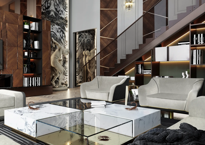 Villa de lujo en San Petersburgo. La sala de estar es el corazón de la casa diseñada cuidadosamente para cumplir con una estética poderosa, pero también para crear un ambiente cómodo, contemporáneo y de alta gama. Este espacio está decorado mezclando varias texturas y materiales. Destacan sus grandes ventanales que aportan gran luz natural que se ve complementada por las piezas de iluminación como la lámpara de suspensión Newton de Boca do Lobo. La boiserie de las paredes contrasta con las líneas rectas de la mesa de centro o del sofá Thomson de Luxxu.