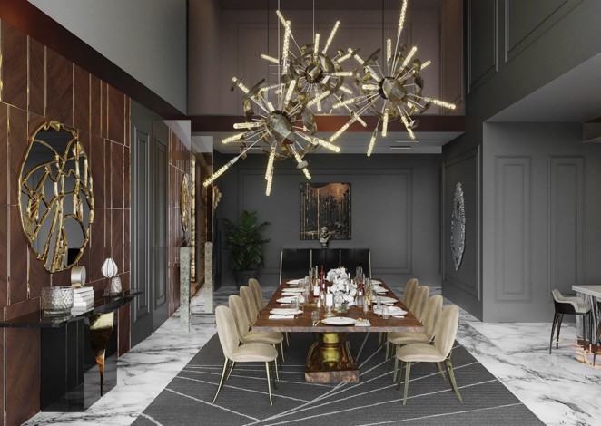 Villa de lujo en San Petersburgo. Por su parte, el comedor, que conecta con la cocina abierta, incorpora técnicas artesanales como tallado en madera, corte de metal, martillado y pulido. En esta estancia de concepto abierto destacan un juego de candelabros Supernova y un mobiliario geométrico, así como una gran mesa con capacidad para diez personas.