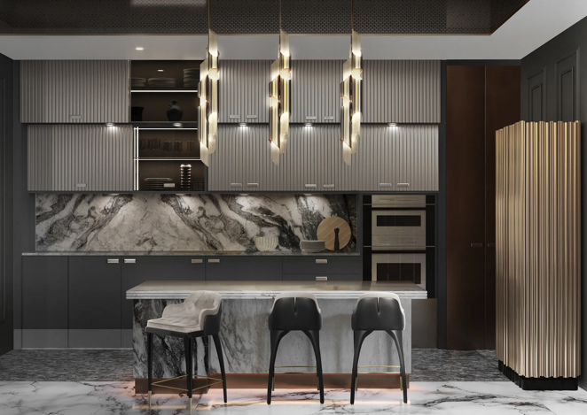 Villa de lujo en San Petersburgo. La cocina está totalmente equipada con la última tecnología, gabinetes en tonos grises, electrodomésticos de alta gama, encimeras de mármol y una gran isla con barra de desayuno. Llaman la atención, también, los detalles de latón dorado en los accesorios de iluminación.