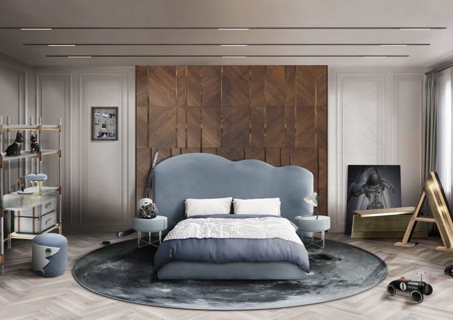 Villa de lujo en San Petersburgo. En el dormitorio infantil se ha optado por tonos claros para la decoración. Incluye un moderno escritorio y una la lámpara gráfica con forma de A de Delightfull que se destaca de la fenomenal Bud Van Bed de Circu.