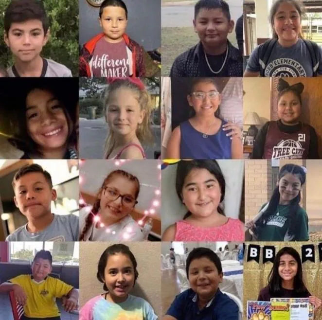 Collage con la mayoría de los niños asesinados del Robb Elementary School. 