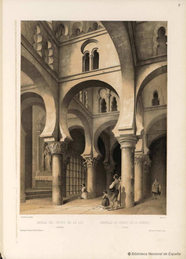 Estampa romántica de la antigua mezquita del Cristo de la Luz. Litografía de Jules Arnoult con dibujo de Jenaro Pérez Villa-Amil. En España artística y monumental (1842).. 