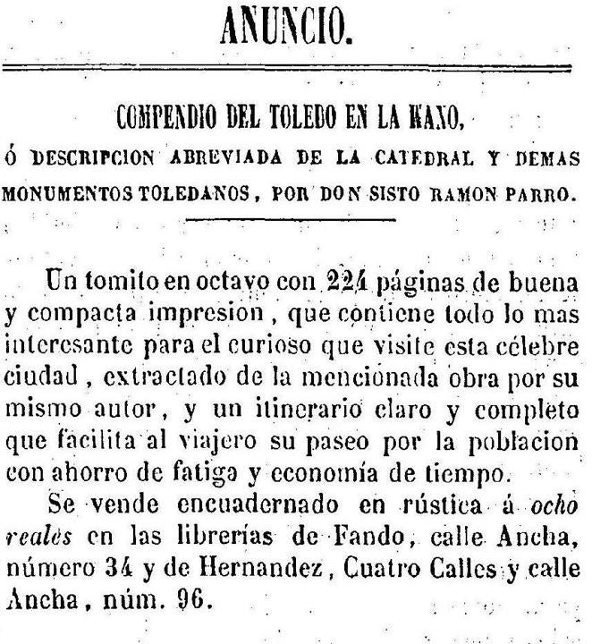 Anuncio, en el Boletín Eclesiástico del Arzobispado de Toledo, del Compendio de Toledo en la mano (24 de diciembre de 1859).. 