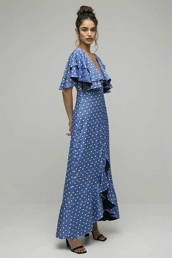 Vestido de Borow. Diseño de la marca Azulu modelo Lavender lunares, disponible en alquiler desde 120€.