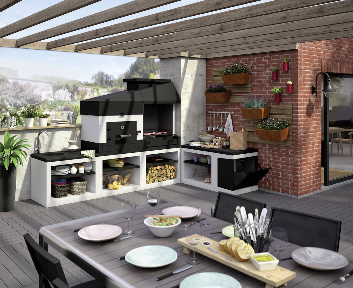 LEROY MERLIN - KItaway. Esta barbacoa de hormigón refractario para carbón y leña incorpora función grill. Con campana y cajón recogecenizas, se puede completar con otros muebles. Desde 967 €.