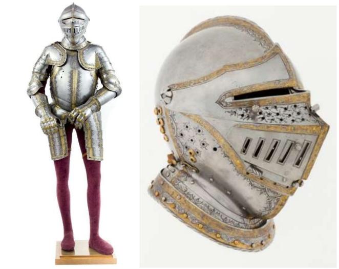 La armadura y celada que llevó Carlos V en la batalla de Mühlberg. Desiderius Helmschmid, uno de los armeros más importantes del siglo XVI, realizó esta armadura y su celada para el emperador Carlos V en 1544, teniendo en cuenta el deterioro físico del monarca por la gota que sufría y el esfuerzo que suponía una campaña militar. Tiziano inmortalizó al emperador en un retrato ecuestre vistiendo este uniforme que aún conserva la Real Armería.