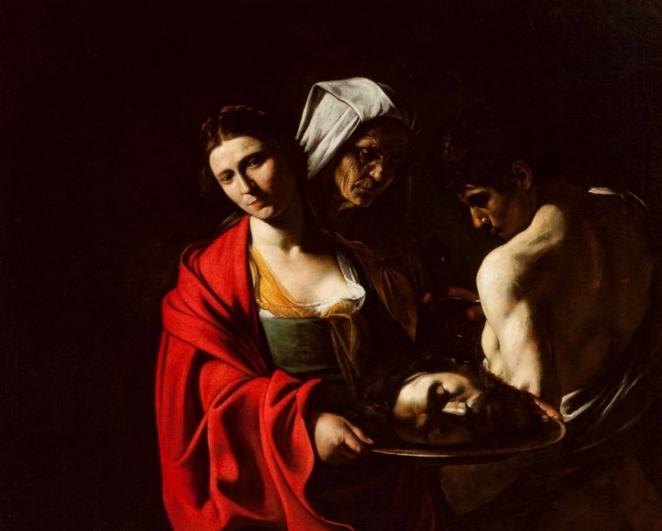 Salomé con la cabeza del Bautista. Este óleo de 1607 es una de las pocas obras del maestro italiano Michelangelo Merisi da Caravaggio, que se conservan en las colecciones españolas. Adquirida por el Conde de Avellaneda, figura por primera vez en un inventario del Alcázar de Madrid en el año 1666. Se salvó del incendio en el Alcázar de 1734 y fue trasladada al antiguo Palacio del Buen Retiro.