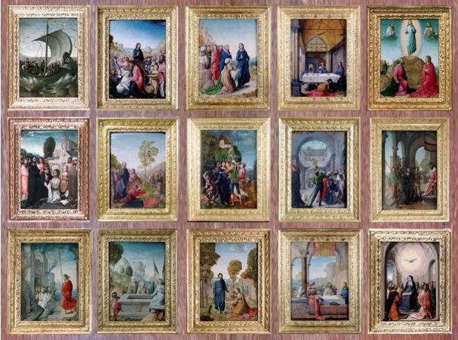 El Políptico de Isabel La Católica. Conjunto de 15 óleos sobre tabla de Juan de Flandes, 1496-1504. Era tal la devoción que la reina Isabel La Católica sentía por este evangelio ilustrado que se encontró a su lado cuando falleció en 1504. Estas escenas en miniatura que representaban la vida y la pasión de Cristo servían a la devota reina como "lectura" durante los viajes ya que su reducido tamaño y la posibilidad de desmontar su estructura original permitía que pudiera llevarse estas tablas consigo.