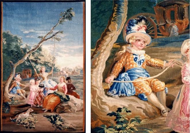 El columpio de Goya. Es uno de los tapices que Francisco de Goya y Lucientes realizó para la Corte española en el siglo XVIII y que estarán presentes en la exposición inaugural de la Galería. Forma parte de la colección de tapices de Patrimonio Nacional, la mejor de Europa, que alcanza las 3.000 piezas.