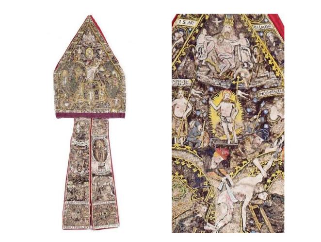 Mitra de plumas. Esta manufactura azteca de la segunda mitad del siglo XVI cubierta de plumas de aves tropicales llegó al Monasterio de San Lorenzo de El Escorial por deseo de Felipe II, en 1576. Patrimonio Nacional destaca que la estima que los españoles tuvieron por el arte amanteca se pone de manifiesto en el hecho de que esta artesanía persistió tras la conquista, aunque adaptada a las temáticas y motivos occidentales. Las piezas que han sobrevivido y, en concreto, las mitras, son ejemplos de lujo de un arte precolombino excepcional.