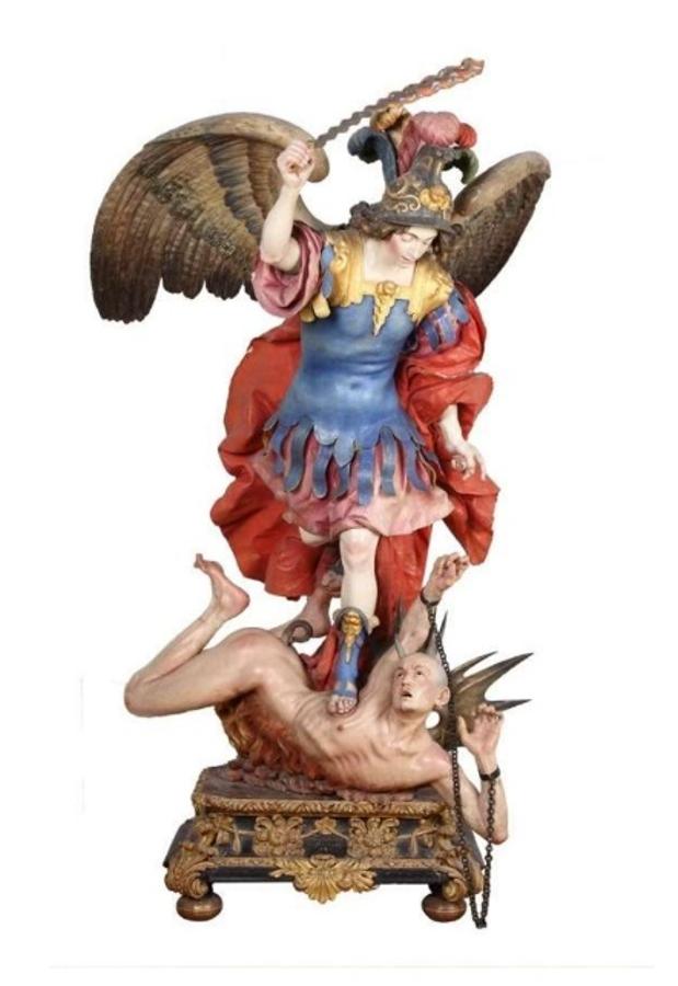 El arcángel san Miguel venciendo al demonio. Esta talla de Luisa Roldán "La Roldana", fechada en 1692, se considera una de las grandes piezas de la escultura religiosa de las colecciones españolas. Catapultó la carrera de esta artista que fue nombrada ese mismo año escultora de cámara de Carlos II, convirtiéndose en la primera mujer que obtuvo ese reconocimiento.