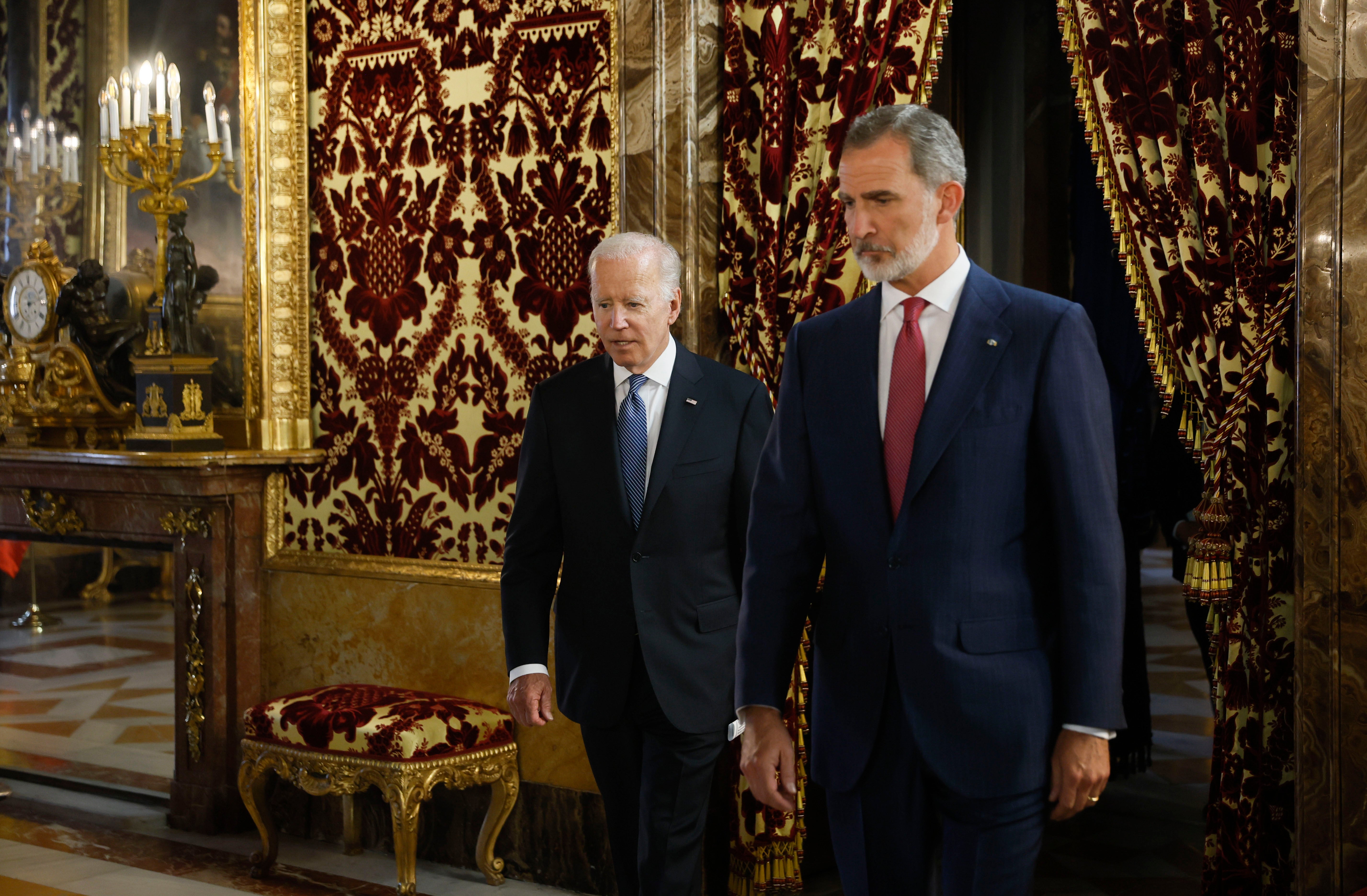 El rey Felipe VI y el presidente de Estados Unidos, Joe Biden, este martes en el Palacio Real en Madrid. 