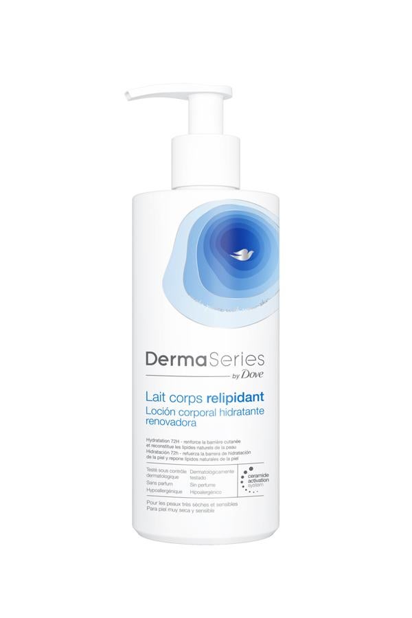 Loción corporal hidratante renovadora de Derma Series By Dove (11,40 €). Esta loción corporal ligera y de rápida absorción ayuda a restaurar la hidratación de la piel muy seca hasta 72 horas, ideal para aplicar en nuestro cuerpo después de un largo día al sol para calmar e hidratar la piel. Con ingredientes activos como glicerina y 12-HSA, que penetra a través de la superficie de la piel para aumentar la producción de ácidos grasos. Dermatológicamente probado, sin fragancia, no comedogénico y anti-irritante.