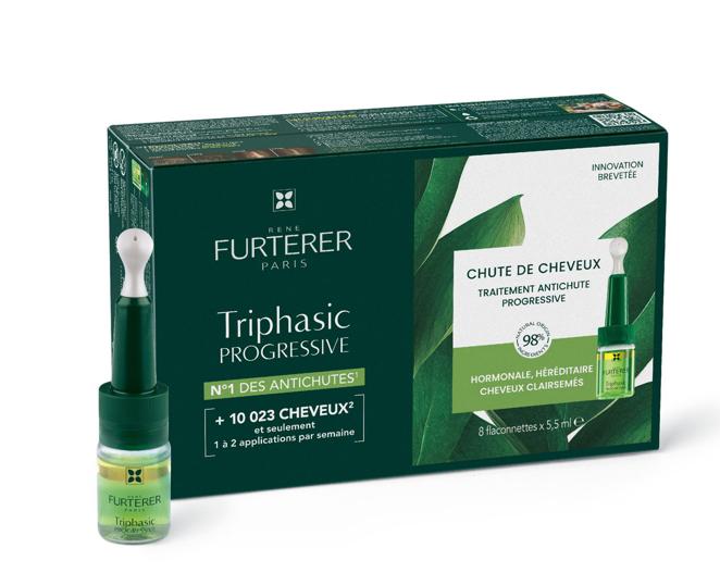 Triphasic Progressive de René Furterer (74,90 €). Un tratamiento, en forma de ampollas monodosis, con doble acción tratante y preventiva que actúa sobre cada etapa decisiva de la vida del cabello para frenar su caída, estimular su crecimiento y revitalizar su fibra. Una fórmula con un 98% de ingredientes de origen natural, enriquecida con activos anticaída altamente eficaces y, en particular, el extracto de mangostán. Se recomienda aplicar durante 3 meses, como mínimo.