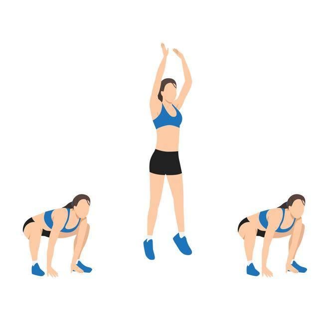 Frog jumps. El entrenador personal Miguel Ángel Peinado lo incluye en sus entrenamientos y la «influencer» Paula Ordovás los realiza a la perfección. Como explica la imagen, primero parte de una posiciñon en cuclillas, salta con las piernas estiradas y abiertas, y vuelve a la posiciñon inicial.