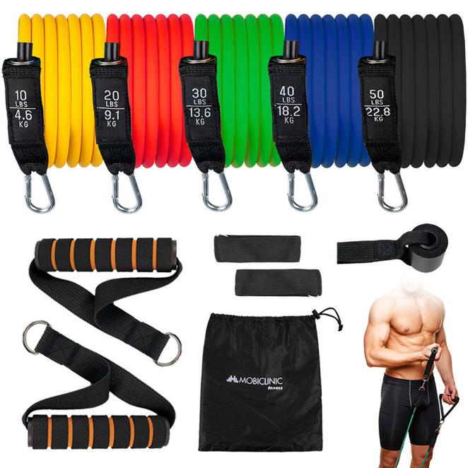 Bandas de resistencia. Set de Bandas de Resistencia Fitness para hacer ejercicio con accesorios. Incluye: 5 bandas de resistencia, 2 asas Acolchadas, 2 correas de Tobillo,1 anclaje para puerta y una bolsa de transporte. Precio: 17,95€