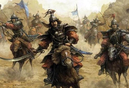 Representación de jinetes mongoles en plena batalla