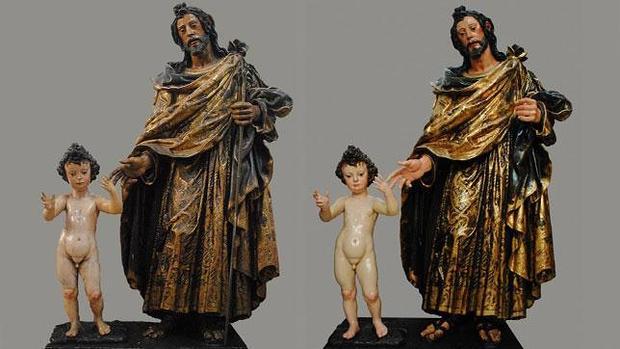 Grupo de San José con el Niño, antes y después de la restauración