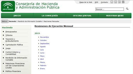 Web de la Consejería de Hacienda, con datos sin actualizar desde noviembre