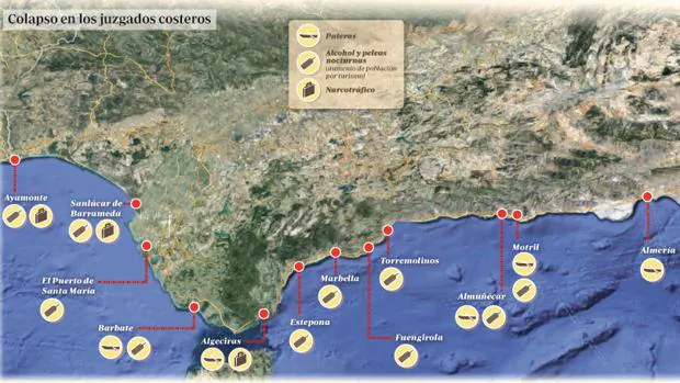 Mapa explicativo con los motivos del colapso veraniego de los juzgados de la costa andaluza