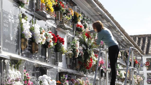 Una mujer adecenta una tumba en el cementerio de San Rafael