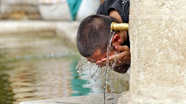 Un turista se refresca en el Patio de los Naranjos de Córdoba