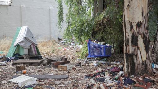 Acumulación de basura en el solar, junto a la tapia del cementerio