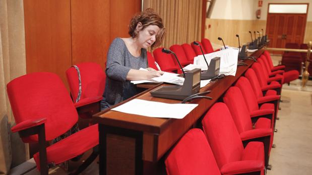 Alba Doblas (IU) revisa documentación en el Salón de Plenos del Ayuntamiento