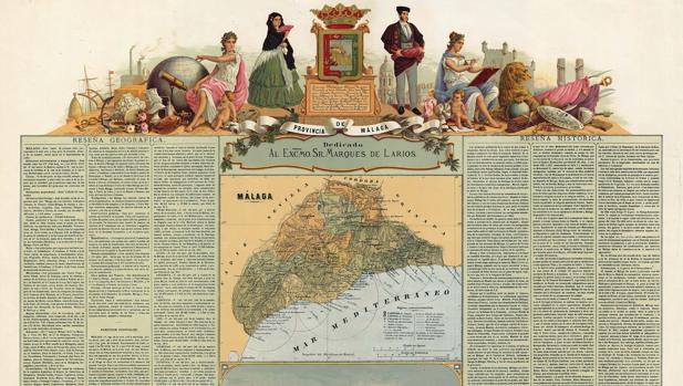 Provincia de Málaga. Francisco Boronat y Satorre. Incorpora los trazados del ferrocarril. Hacia 1874