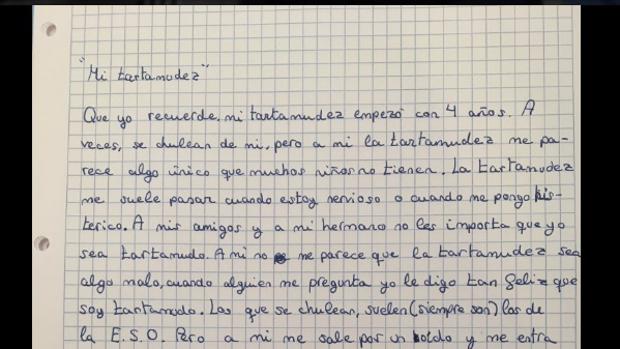 Carta de Juan Carlos López, de diez años, en la que explica que le gusta hablar con menos fluidez de la habitual