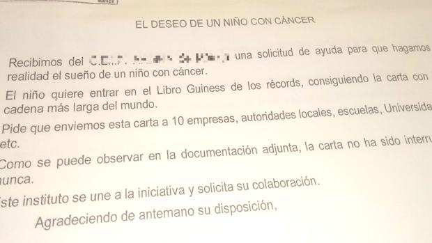 Fragmento de la carta que está circulando pidiendo una cadena de favor