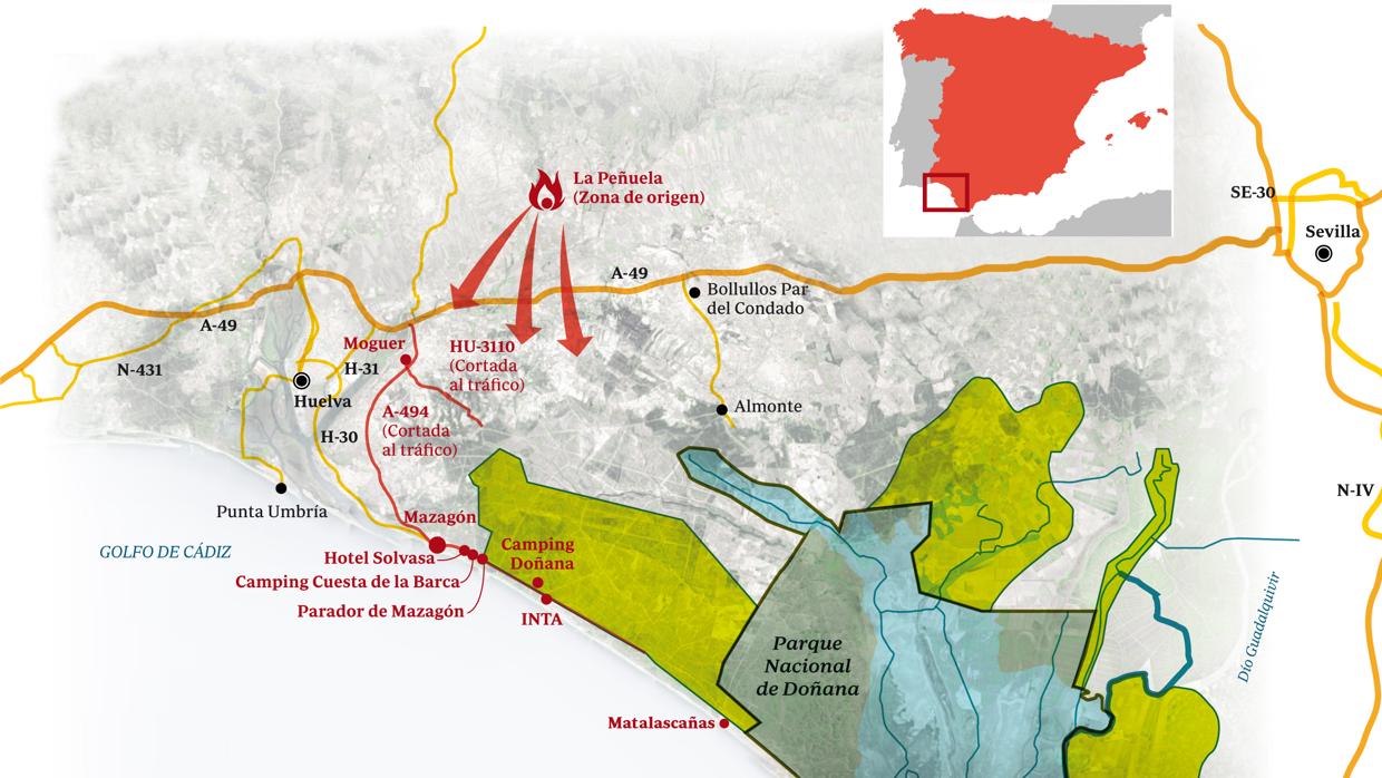 Mapa del incendio en Moguer, en el entorno del Parque Nacional de Doñana