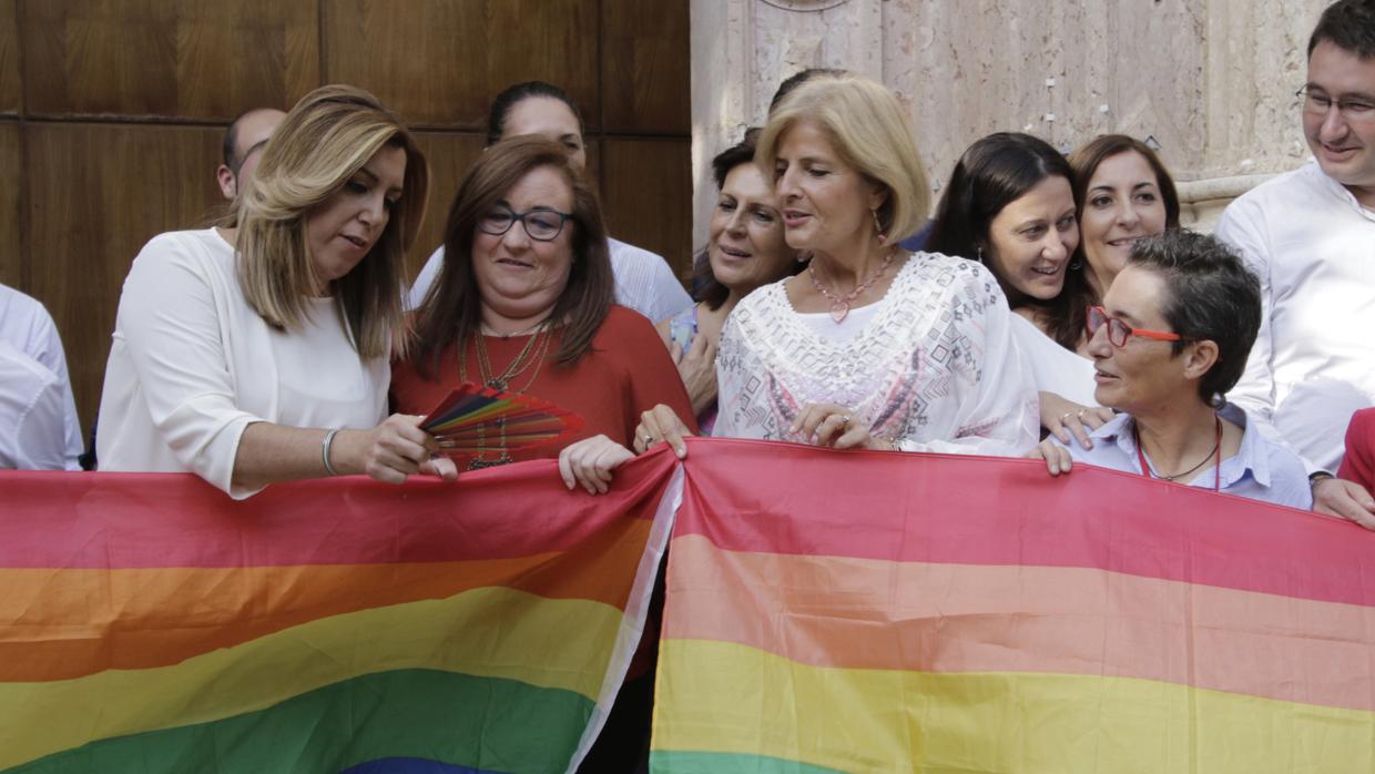 Oña, en el centro de blanco, sostiene la bandera Lgtbi tras aprobarse en 2016 la tramitación de la Ley