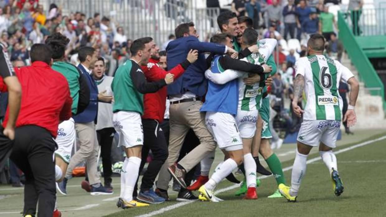 Los jugadores del Córdoba celebran el tanto de Sergi Guardiola ante el Real Valladolid