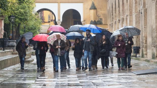 Visitas con paraguas en un desapacible día de Andalucía en Córdoba