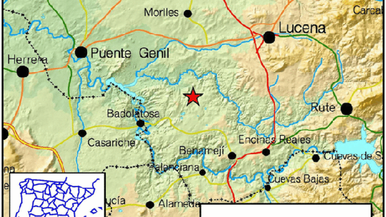 La estrella roja señala el epicentro del terremoto de Benamejí