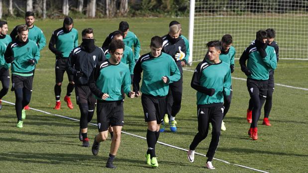 El central del Córdoba CF, Álex Quintanilla, en el centro con Araújo (izquierda) y Montelongo (derecha)