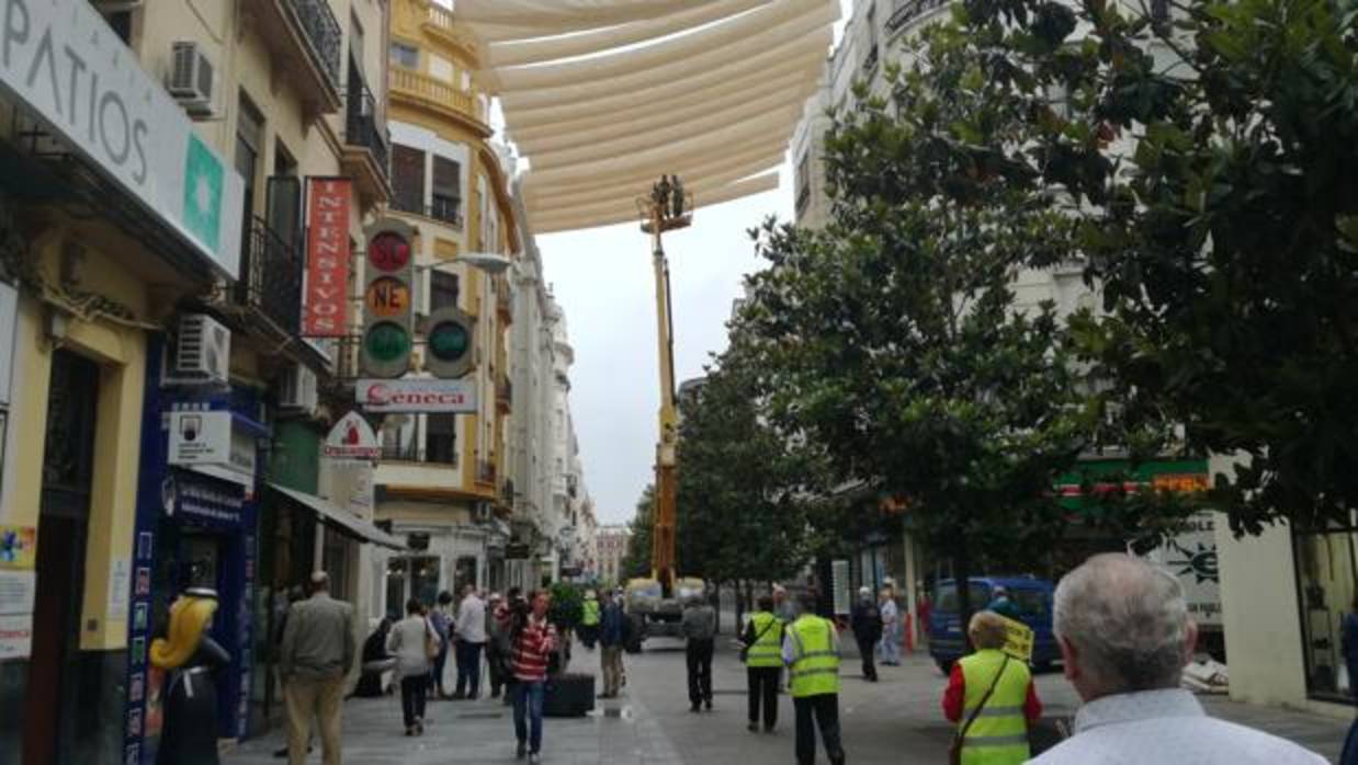 Operarios, hoy colocando los toldos en la calle Cruz Conde