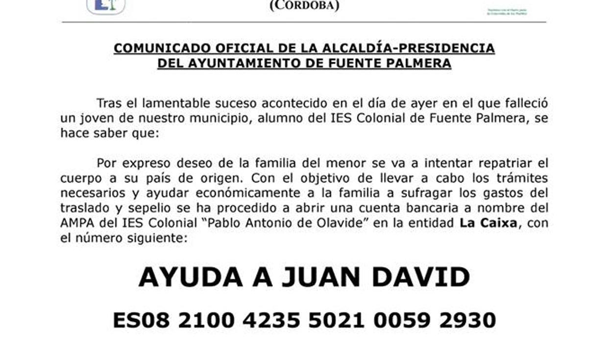 Detalle del comunicado con el número de cuenta para ayudar en la repatriación