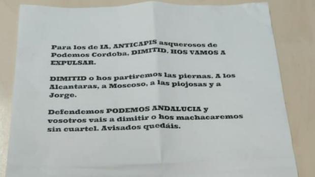 diagonal La Internet máscara El anónimo contra la cúpula de Podemos en Córdoba: «Anticapis asquerosos,  dimitid, hos vamos a expulsar»