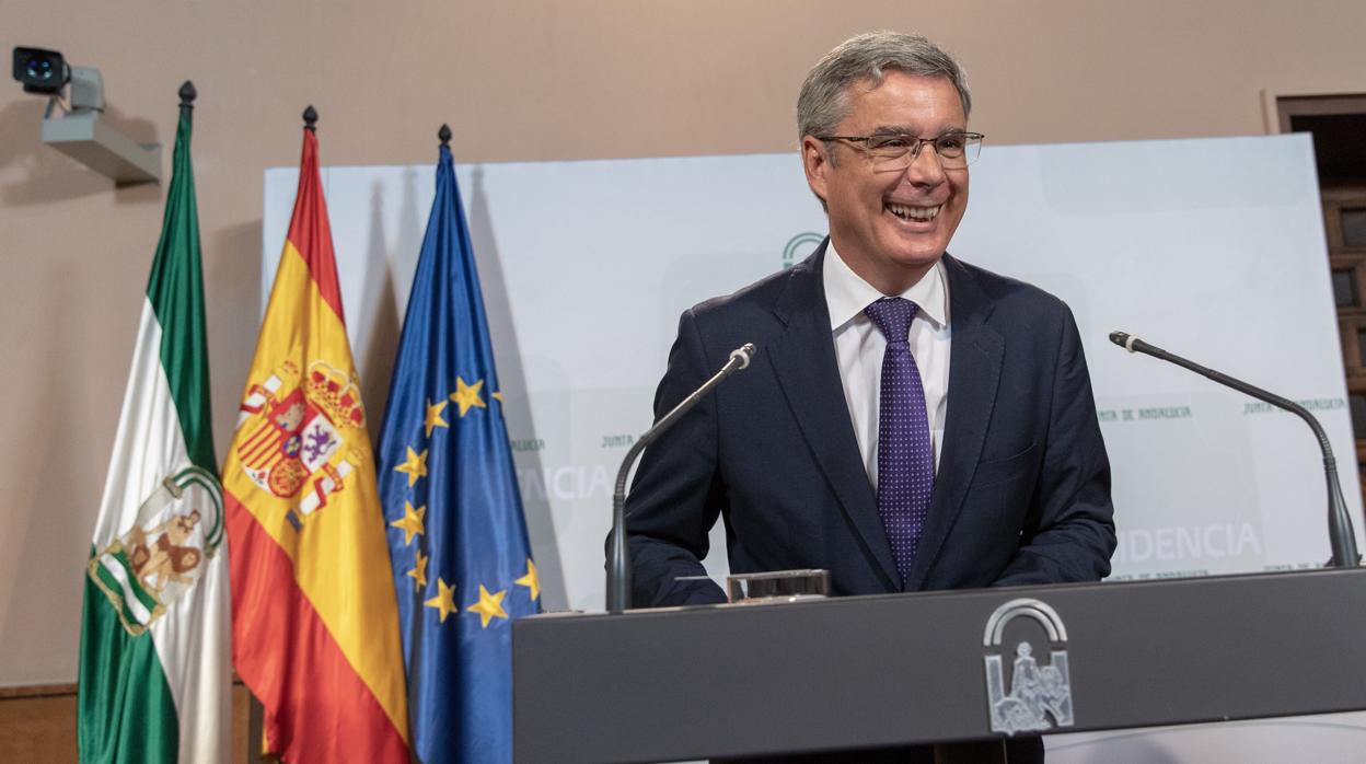 Juan Carlos Blanco, portavoz del Gobierno andaluz, durante la rueda de prensa posterior al Consejo de Gobierno semanal