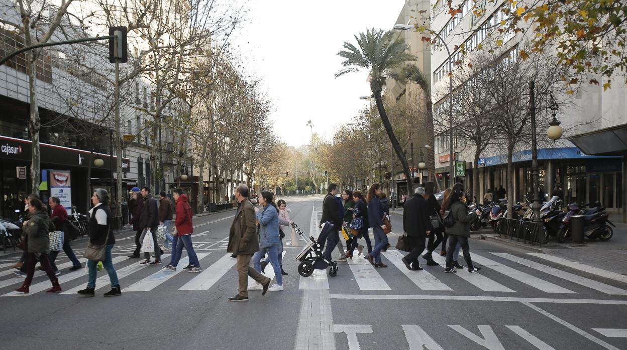 Peatones en un paso de cebra de la avenida Ronda de los Tejares de Córdoba