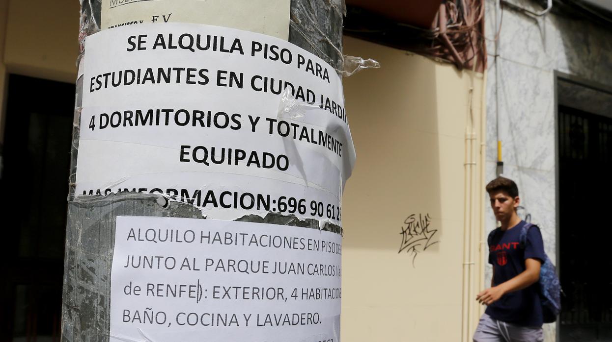 Cartel con anuncios de oferta de habitaciones en Ciudad Jardín