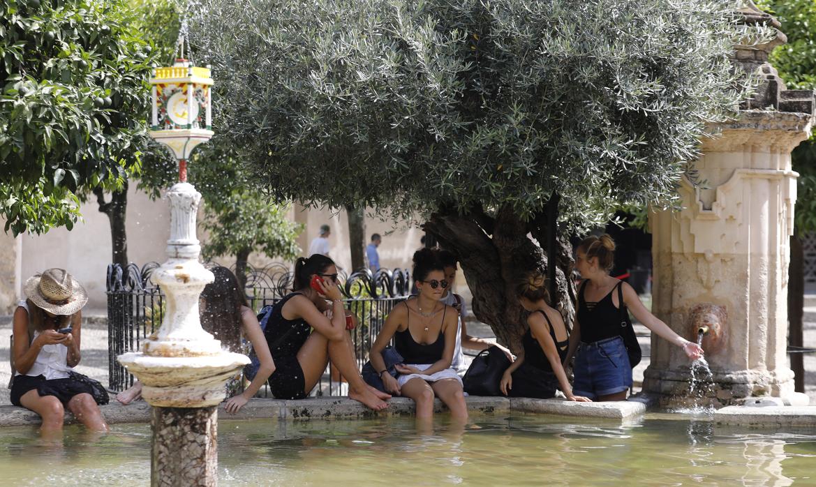 Un grupo de personas se refugia del calor en la fuente del Patio de los Naranjos de la Mezquita