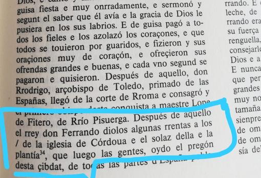 Fragmento de las crónicas del escritorio de Alfonso X que relata la cesión de la mezquita