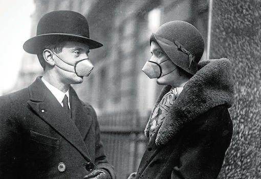 Imagen de las mascarillas con las que se intentaba evitar la propagación de la Gran Gripe