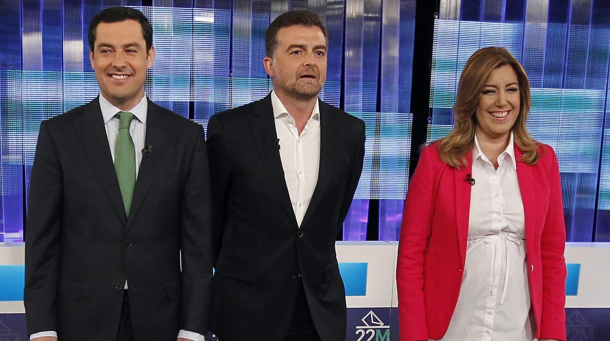 Juanma Moreno, Antonio Maíllo y Susana Díaz en el debate electoral de 2015