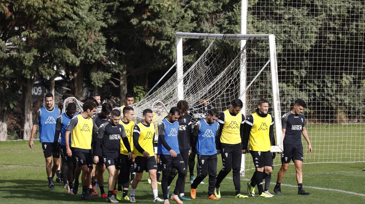 Los jugadores del Córdoba CF trasladan una portería en la Ciudad Deportiva