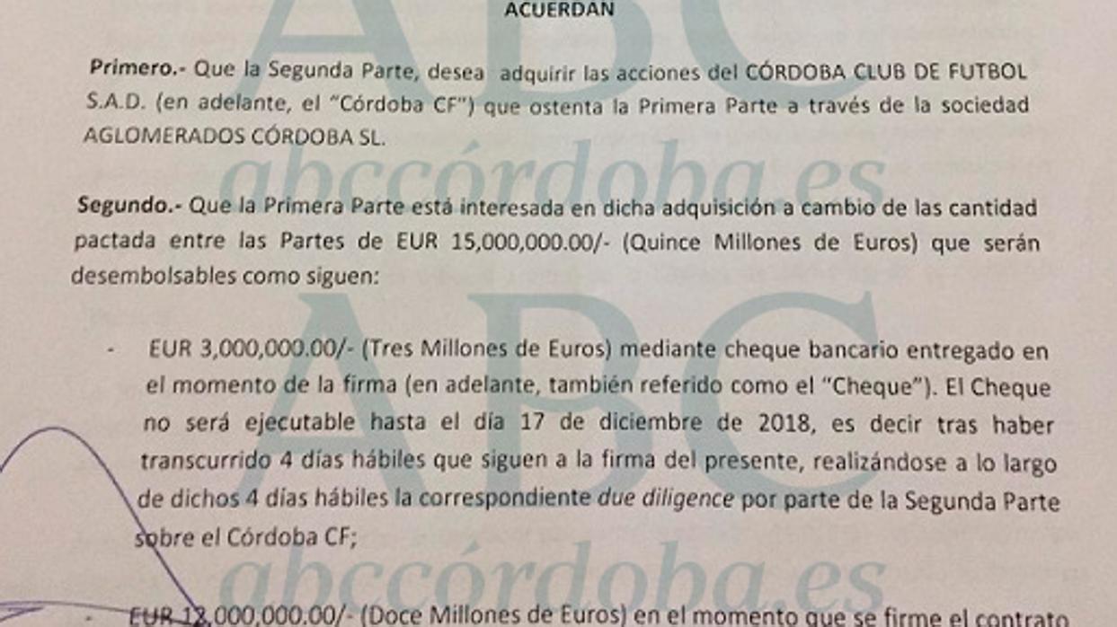 Imagen del preacuerdo de venta del Córdoba CF en la primera página
