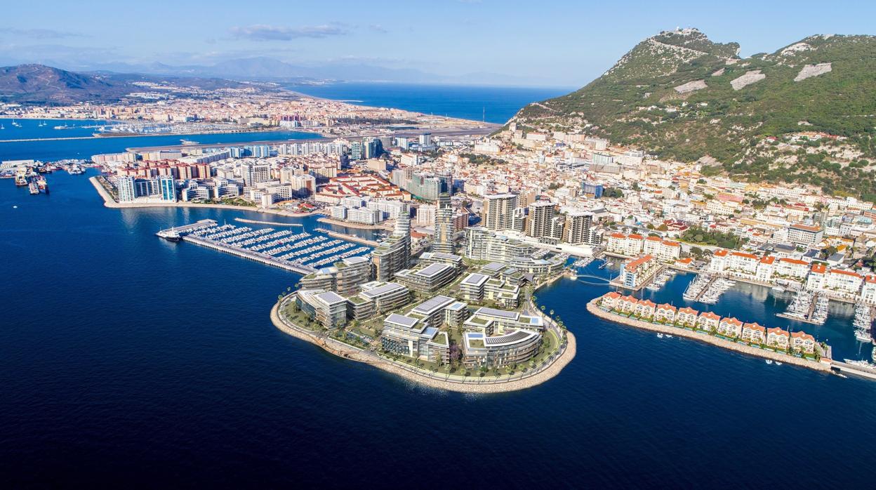 En primer plano, recreación virtual del proyecto que Gibraltar anuncia para la zona oeste del Peñón